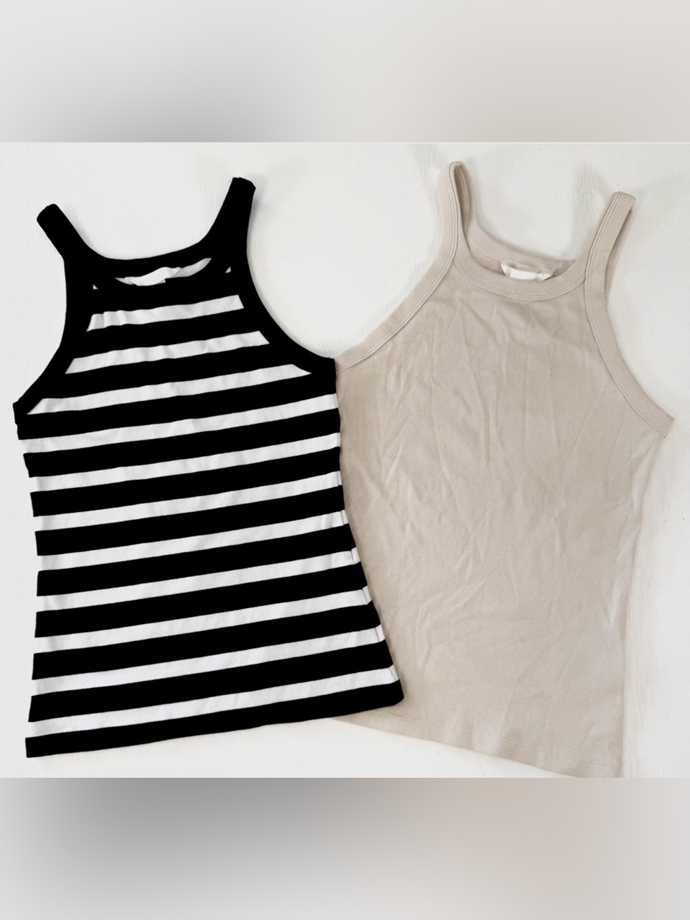 H&M High Neck Ribbed Tank Tops Black‎ & White Striped beige Women M Racerback
